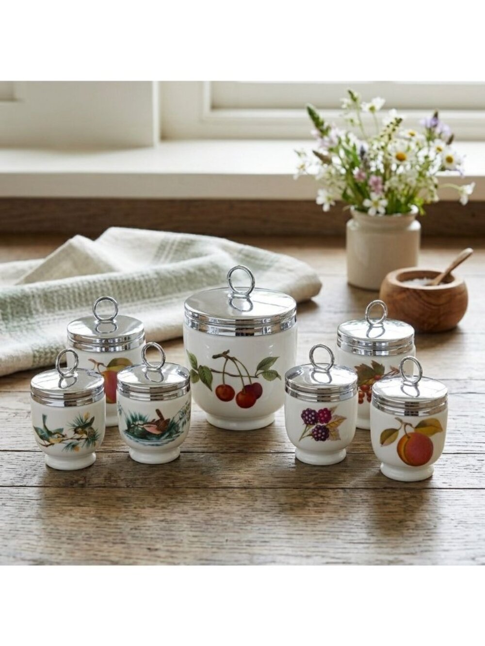 Royal Worcester Porcelain Egg Coddler Set of 7 Chrome Lids England Birds Berry